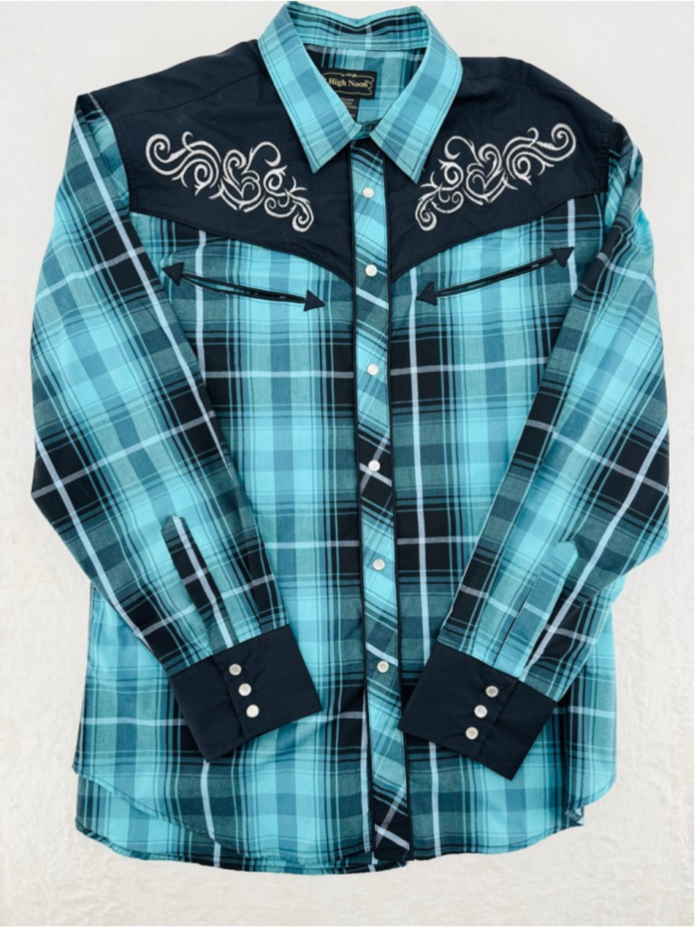 Men's Western Shirt High Noon Rodeo Clothing Turquoise Embroidered Cowboy Large